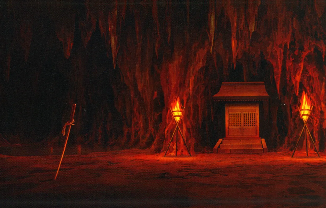 Photo wallpaper katana, cave, the altar, torches, sanctuary, in the dark, visual novel, stalagmites