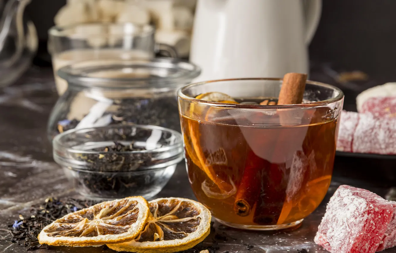 Photo wallpaper glass, glass, table, tea, glass, kettle, candy, the tea party