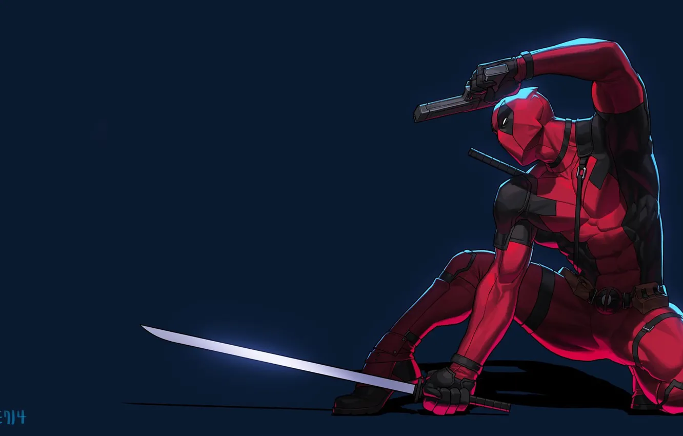 Photo wallpaper Red, Black, Figure, Gun, Sword, Hero, Mask, Marvel