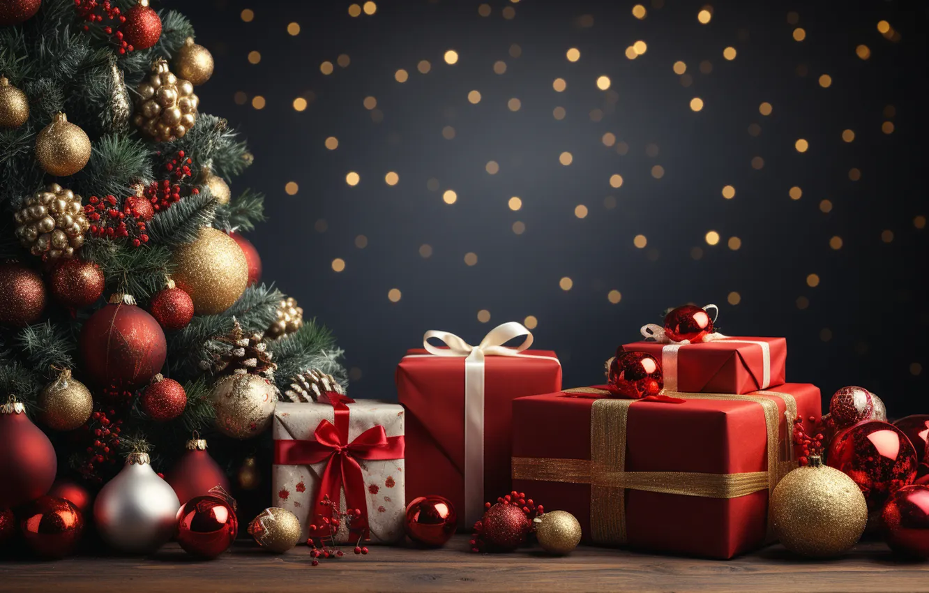 Photo wallpaper gift, tree, new year, Christmas, Christmas, tree, decoration, Gift Boxes
