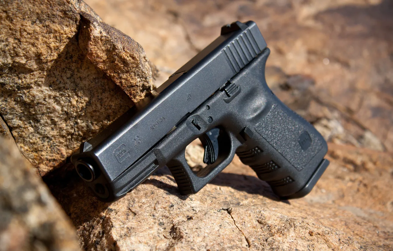 Photo wallpaper stones, gun, rocks, self-loading, Glock 23