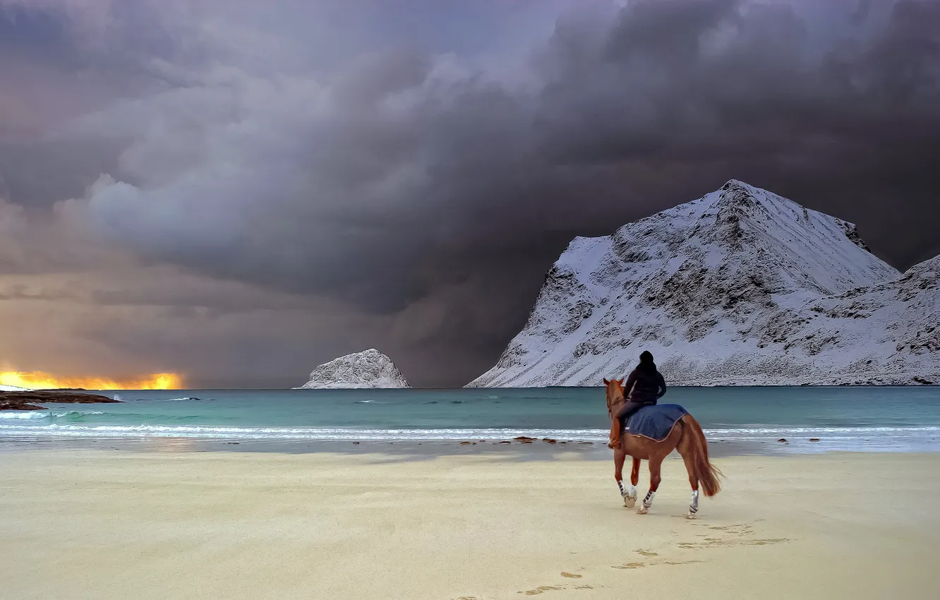Photo wallpaper winter, the sky, mountains, clouds, overcast, rocks, horse, shore