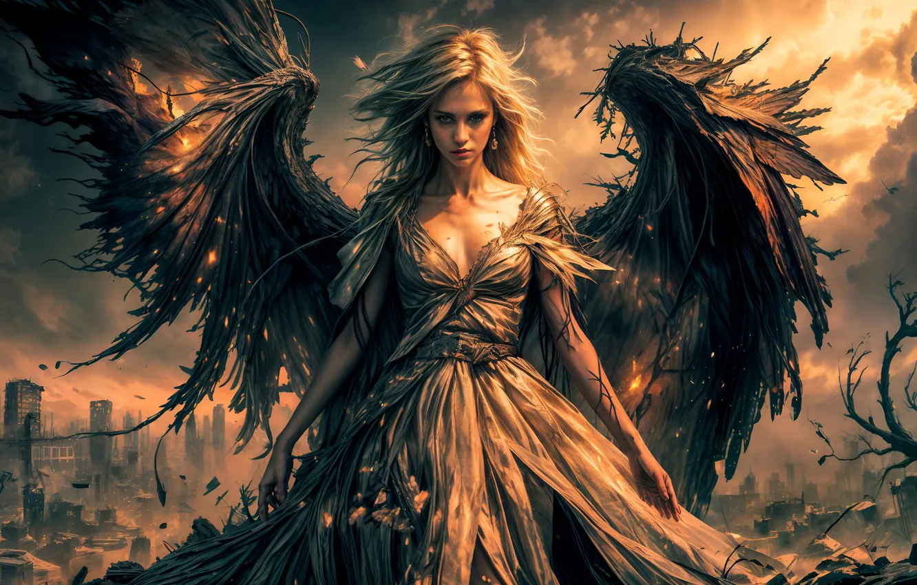 Photo wallpaper look, girl, light, the city, lights, pose, Apocalypse, building