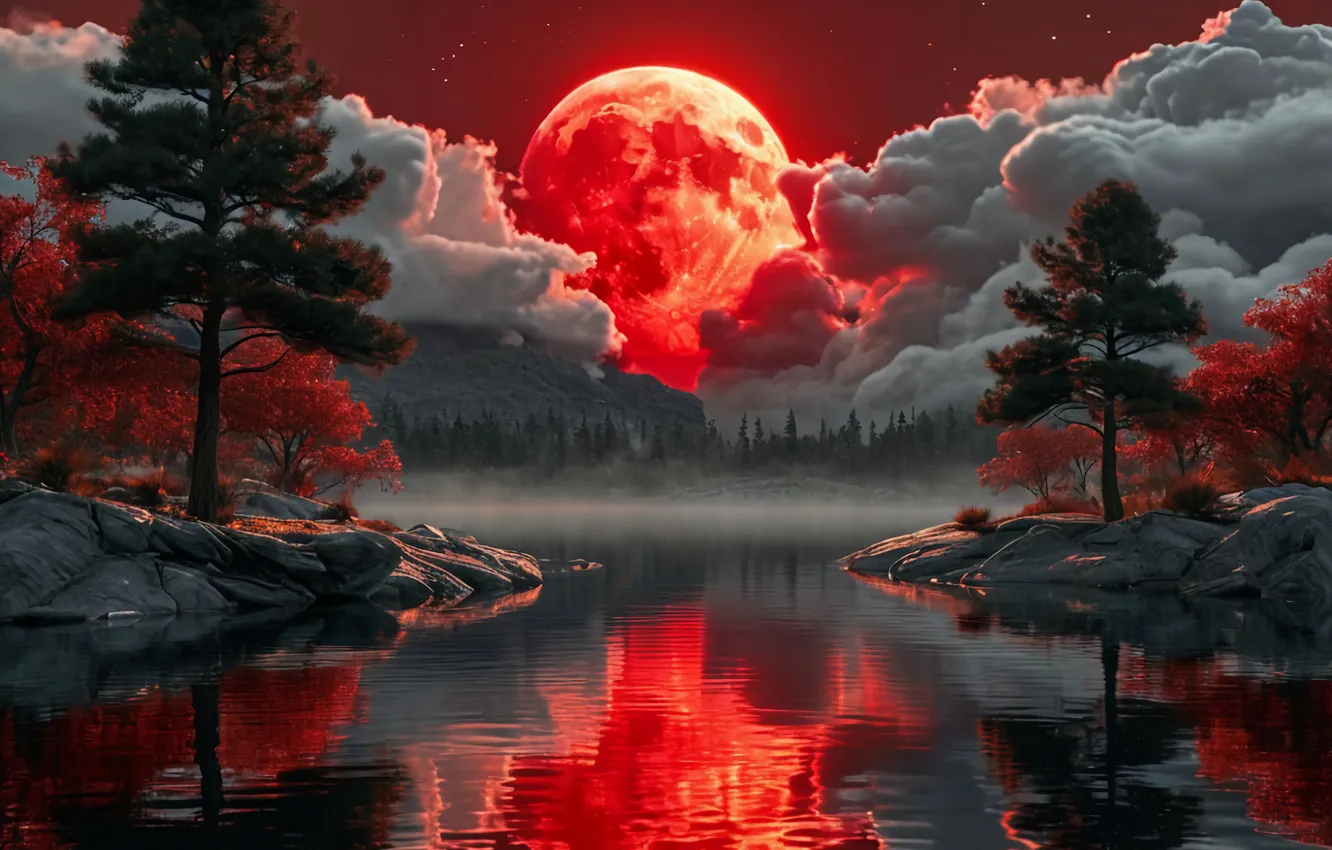 Photo wallpaper night, red, the moon, AI ART