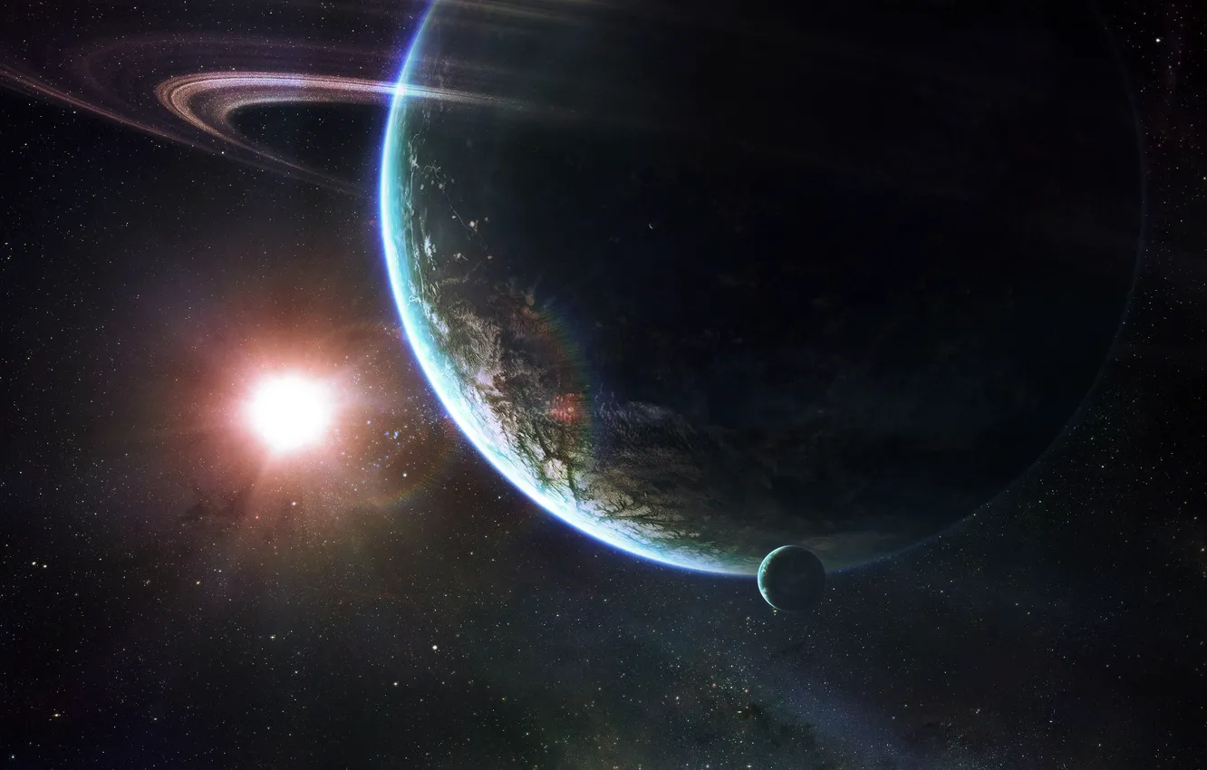 Photo wallpaper the sun, space, stars, planet, ring