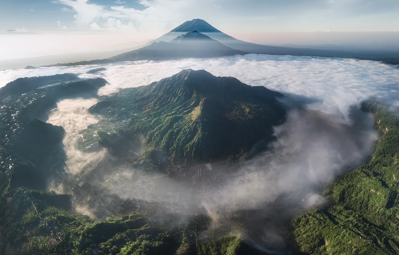 Photo wallpaper China, sky, trees, field, landscape, nature, mountains, clouds