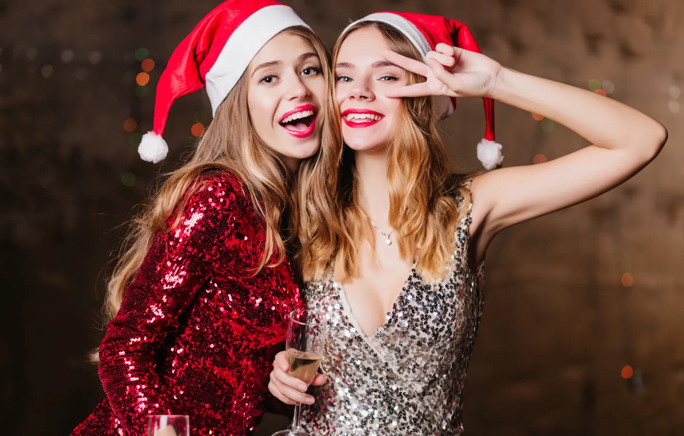 Photo wallpaper look, girl, joy, red, smile, lights, background, wine