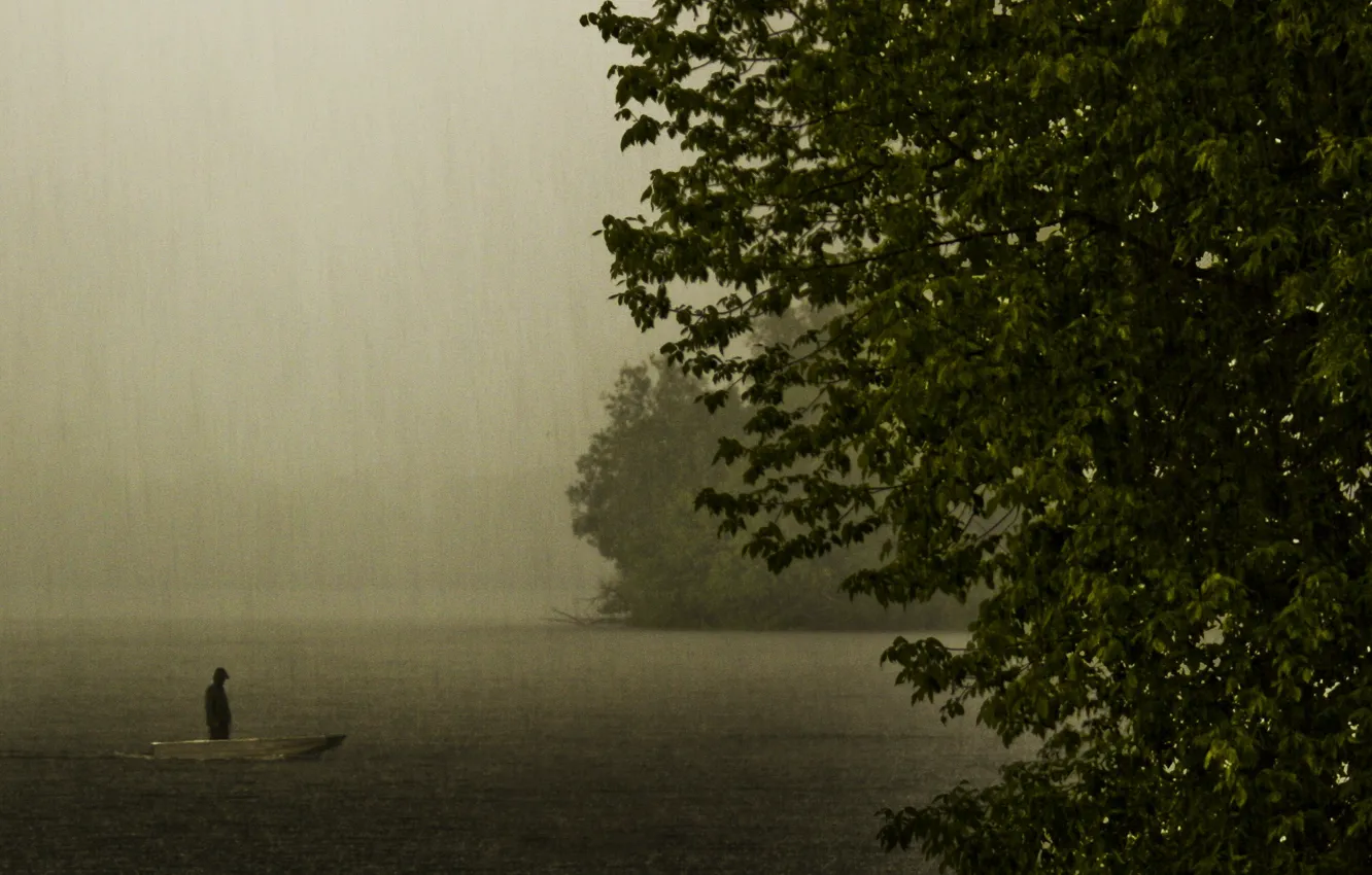 Photo wallpaper lake, rain, mood, boat, the evening