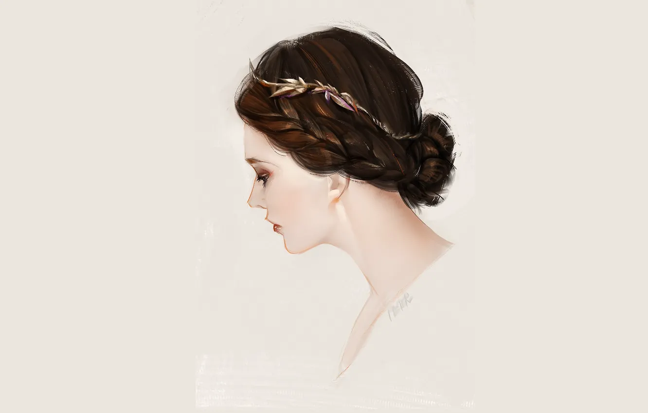 Photo wallpaper pink background, hair ornaments, in profile, portrait of a girl, hairstyle bun