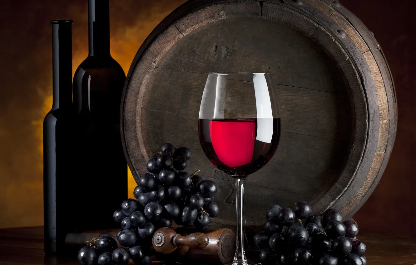 Photo wallpaper table, wine, glass, grapes, barrel