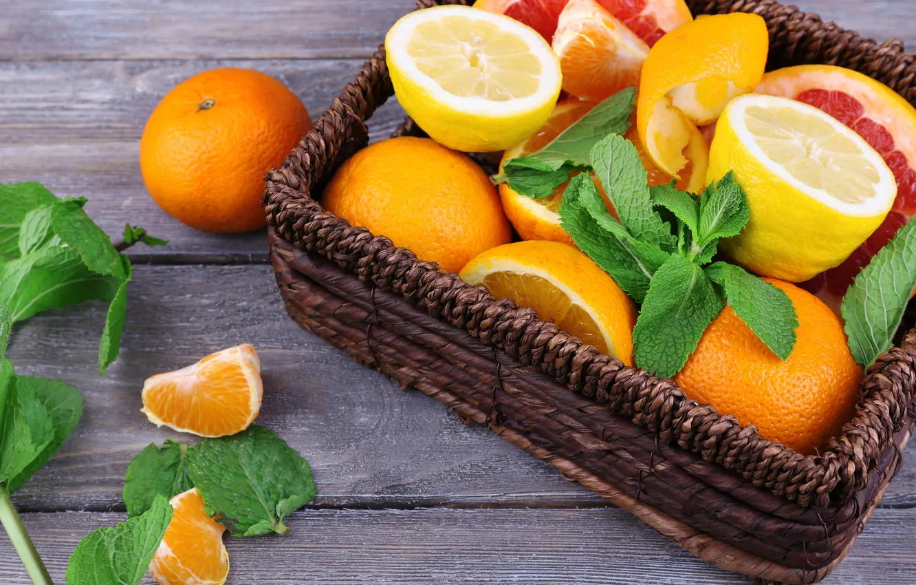 Photo wallpaper orange, citrus, grapefruit, slices, tangerines, mint leaves