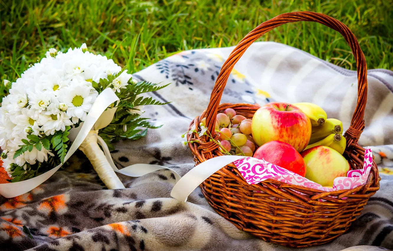 Photo wallpaper flowers, nature, basket, apples, bouquet, grapes, bananas, fruit