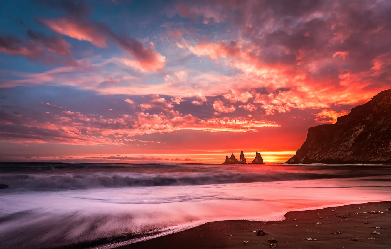 Photo wallpaper sea, wave, the sky, clouds, rocks, dawn, shore