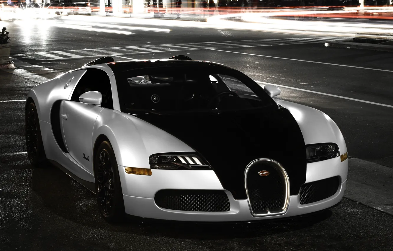 Photo wallpaper city, Bugatti, veyron, light, white, supercar, black, night