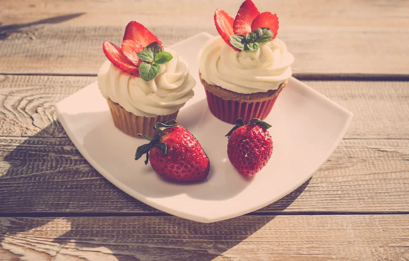 Photo wallpaper berries, strawberry, cream, cupcakes, cream, cupcakes