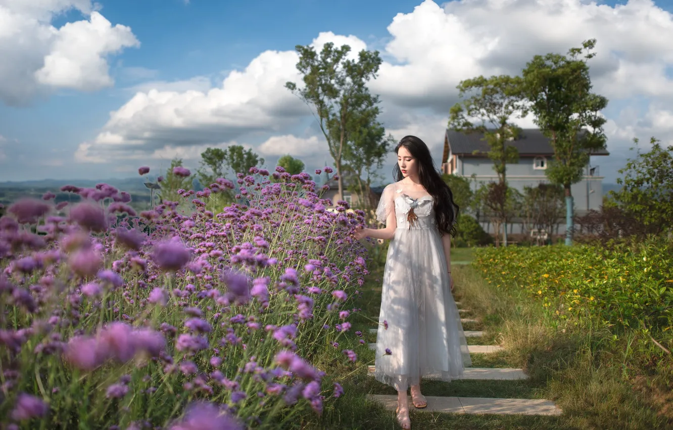 Photo wallpaper field, girl, flowers, house, walk, Asian