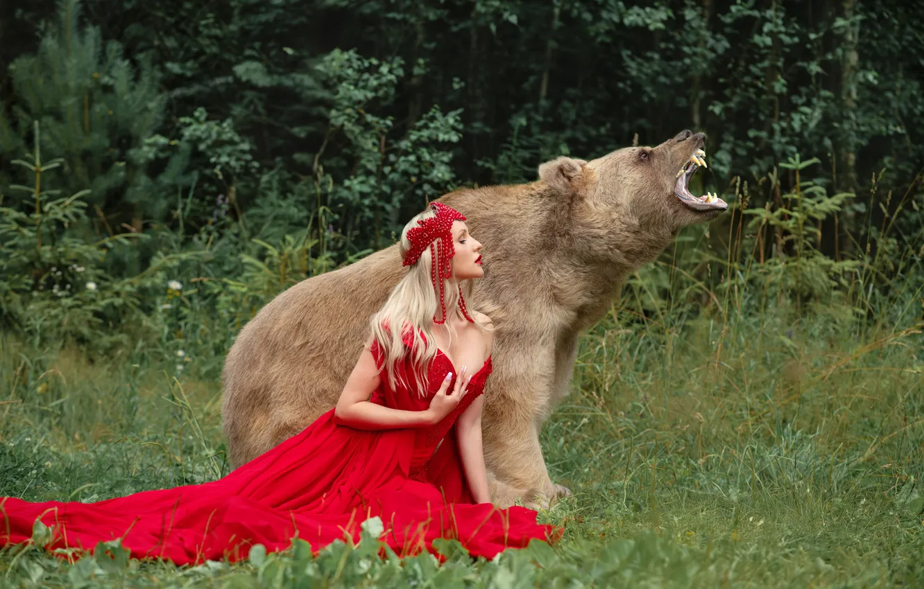 Photo wallpaper girl, nature, pose, style, glade, bear, mouth, blonde