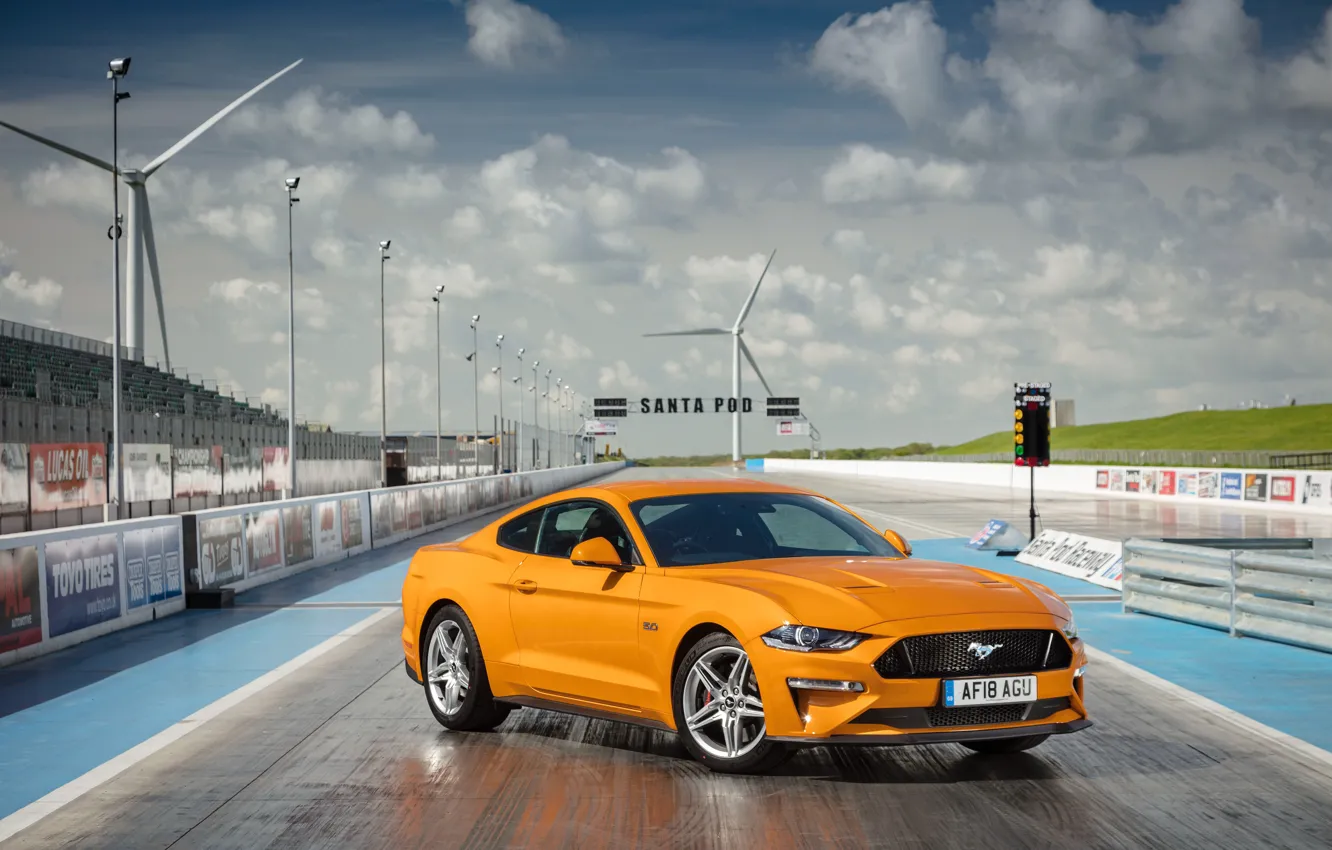 Photo wallpaper orange, Ford, front view, Fastback, 2018, Mustang GT