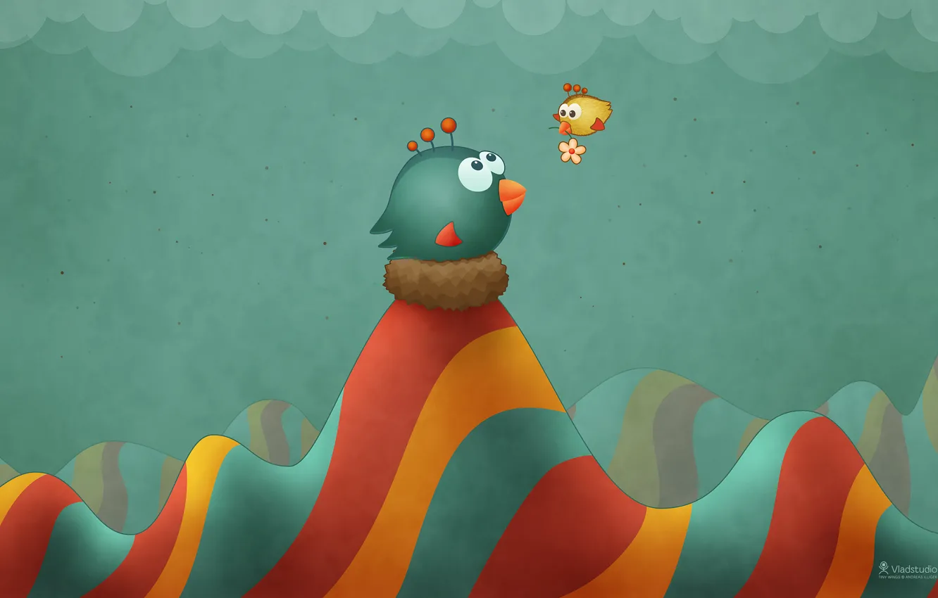 Photo wallpaper flowers, mountains, hills, bird, socket, Chicks, Tiny Wings