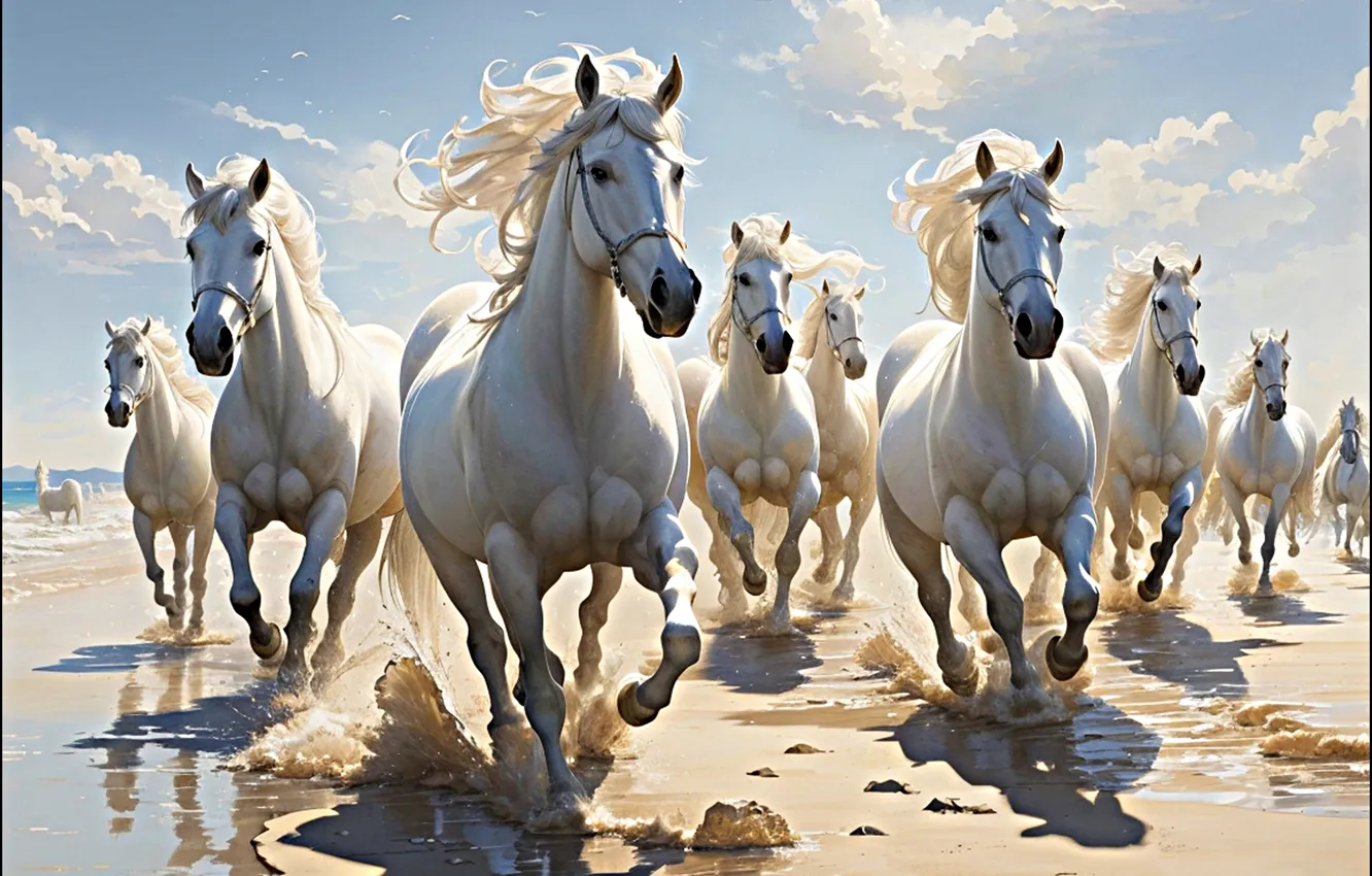 Photo wallpaper horse, horse, running, white, the herd, AI art, neural network
