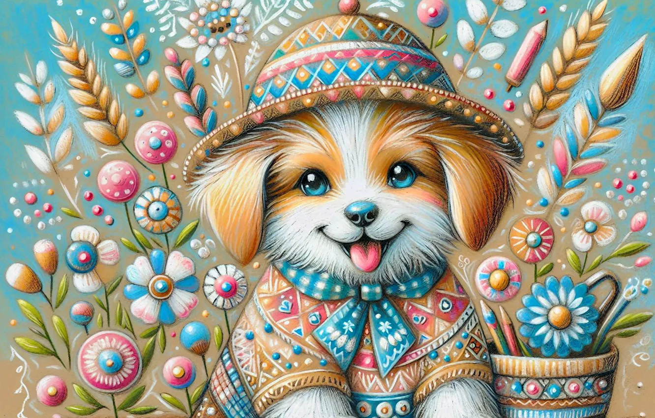 Photo wallpaper language, dog, styling, spikelets, outfit, puppy, bow, cap