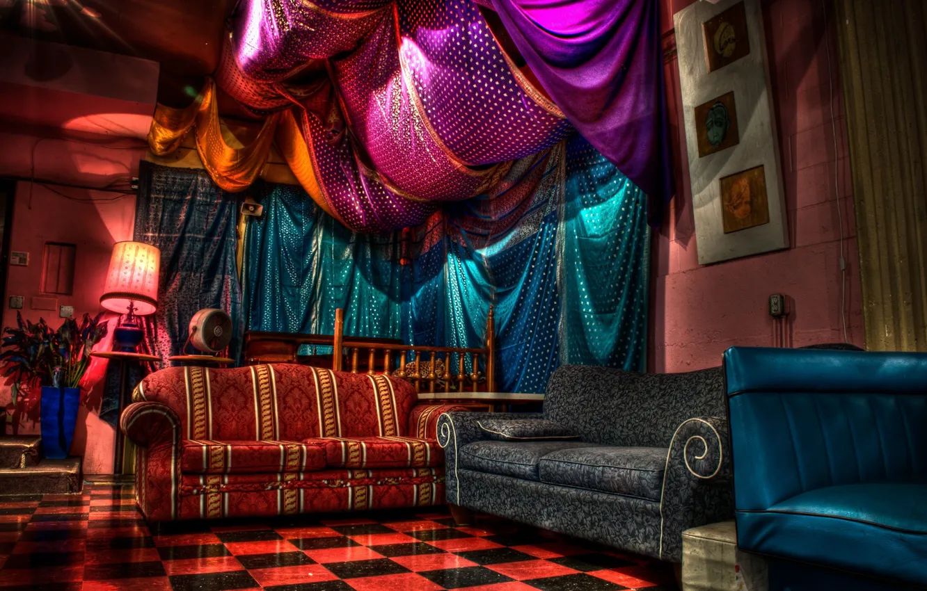 Photo wallpaper purple, design, style, room, blue, furniture, interior, chairs