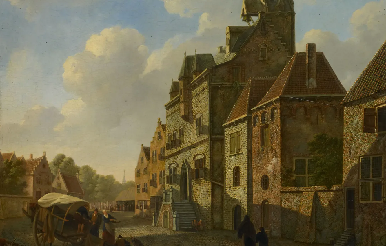 Photo wallpaper trees, oil, picture, the urban landscape, City view in Dordrecht, John Schoenmakers