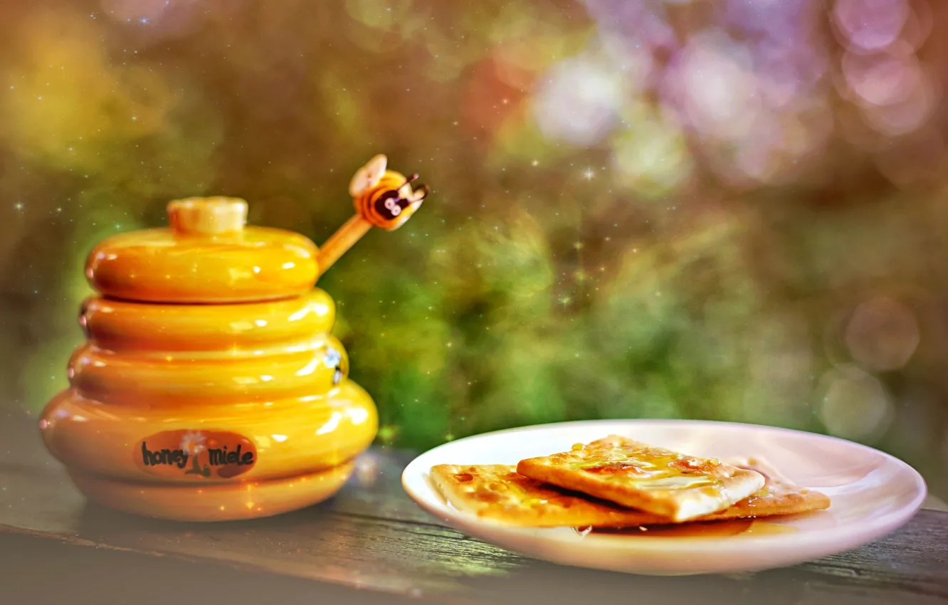 Photo wallpaper cookies, honey, plate, sweet, bokeh