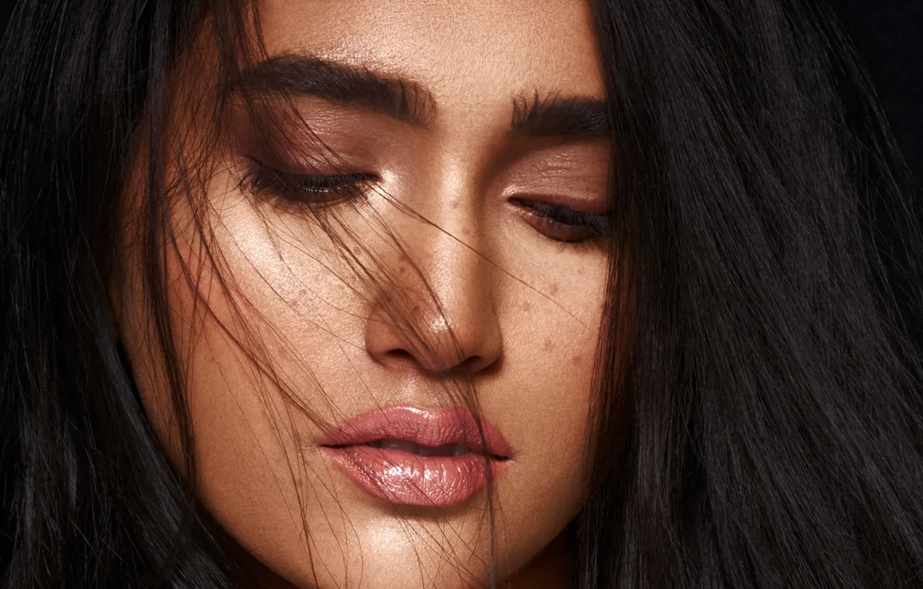 Photo wallpaper eyes, smile, model, lips, face, hair, makeup