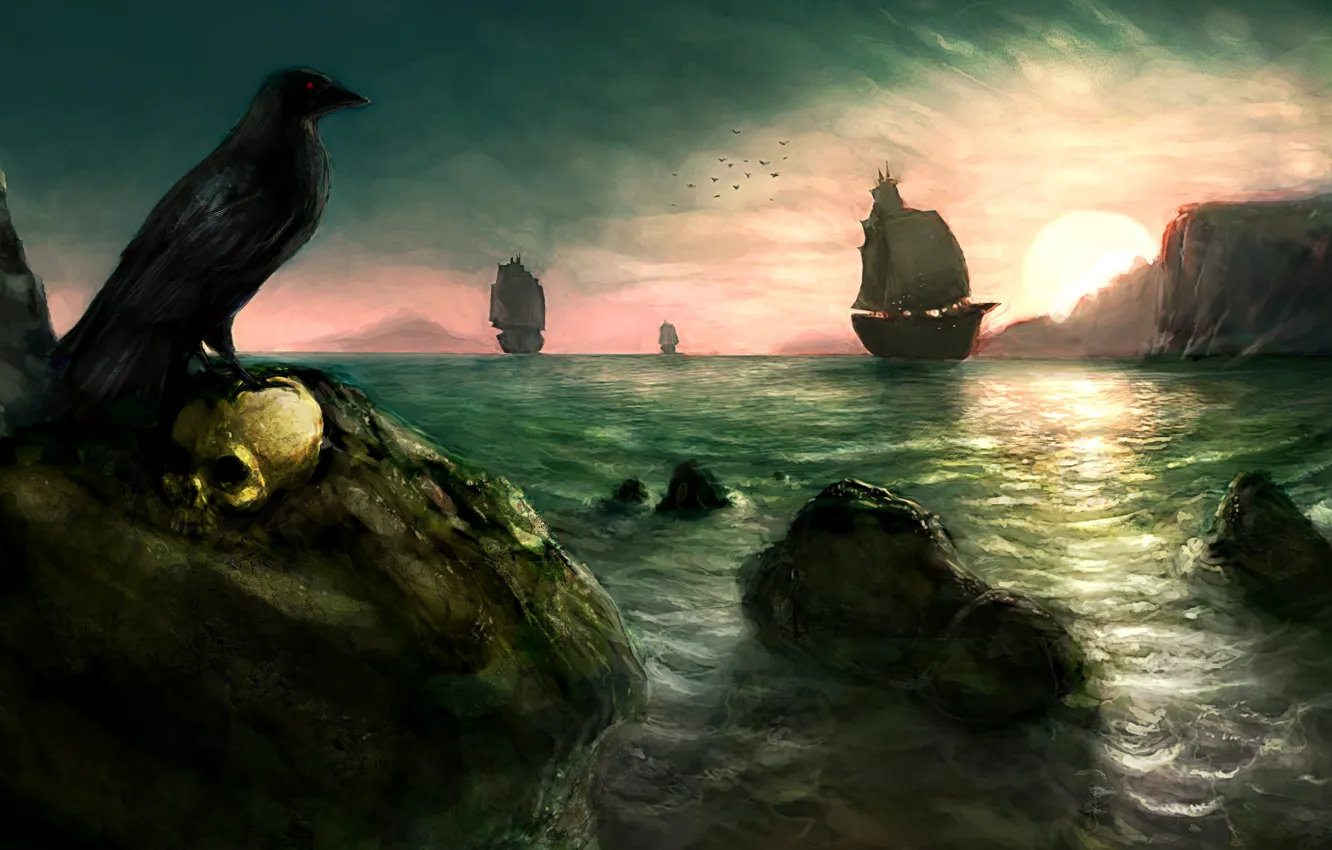 Photo wallpaper sea, the sun, rocks, bird, figure, skull, sailboat, ships