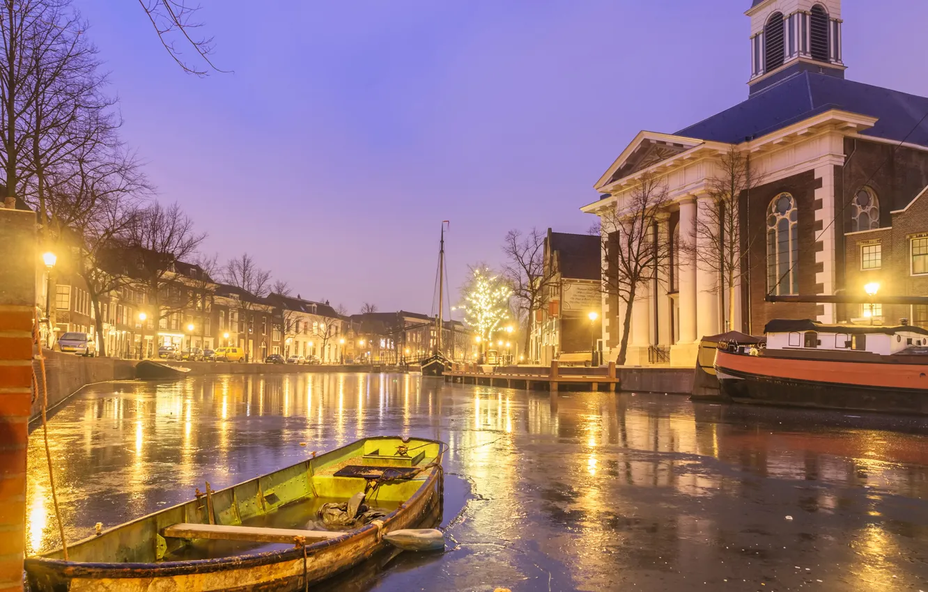 Photo wallpaper lights, river, boat, home, the evening, yacht, boat, lights