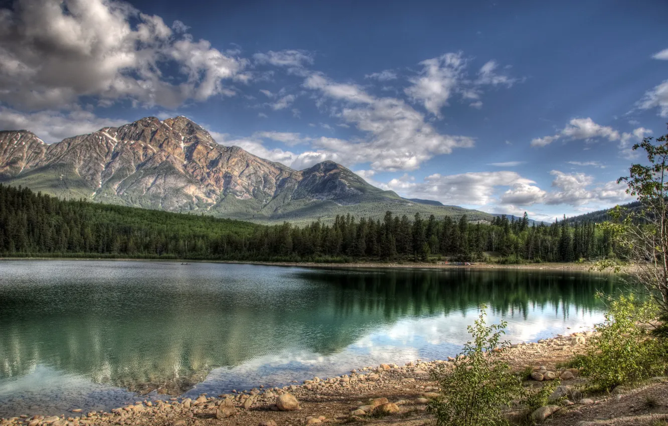 Photo wallpaper forest, the sky, mountains, clouds, Lake, Lake Patricia Jasper Canada