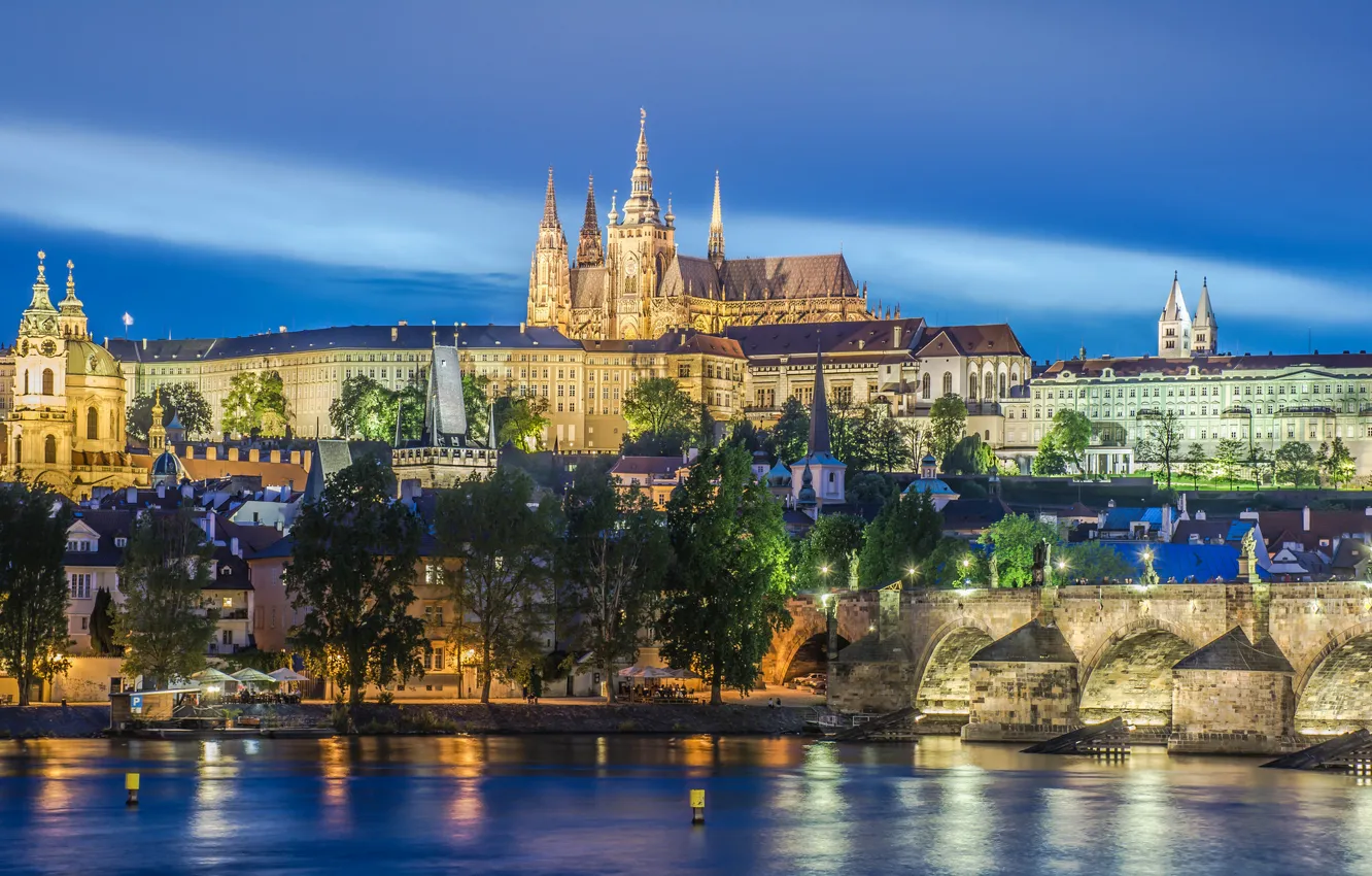 Photo wallpaper bridge, lights, river, home, Prague, Czech Republic, Vltava, St. Vitus Cathedral
