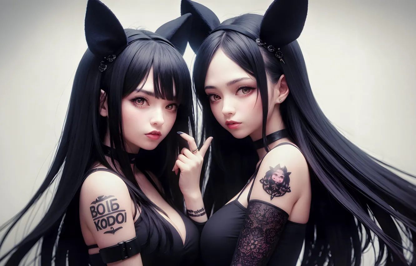 Photo wallpaper long hair, tattoo, women, brunette, black hair, black dress, simple background, Two Women