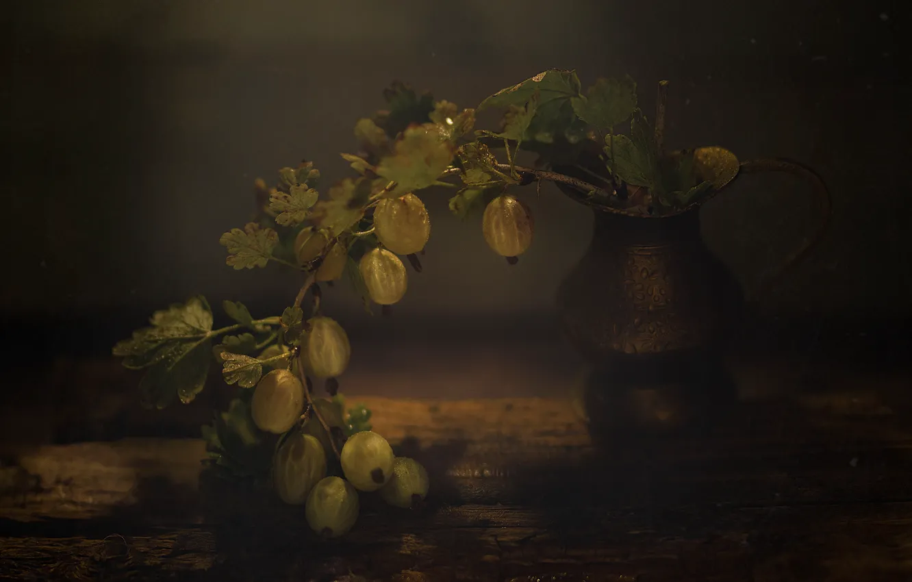 Photo wallpaper glass, berries, pitcher, still life, gooseberry, bokeh