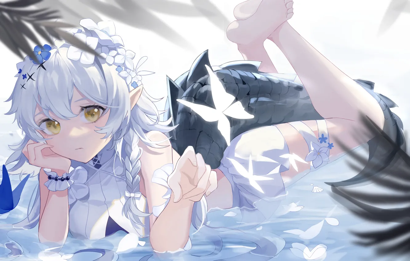 Photo wallpaper water, girl, butterfly, flowers, Arknights, Tomimi