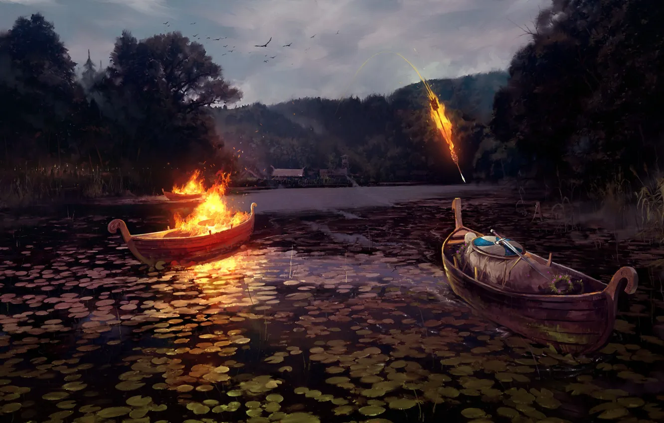 Photo wallpaper boat, ritual, warrior, arrow, A Warriors End