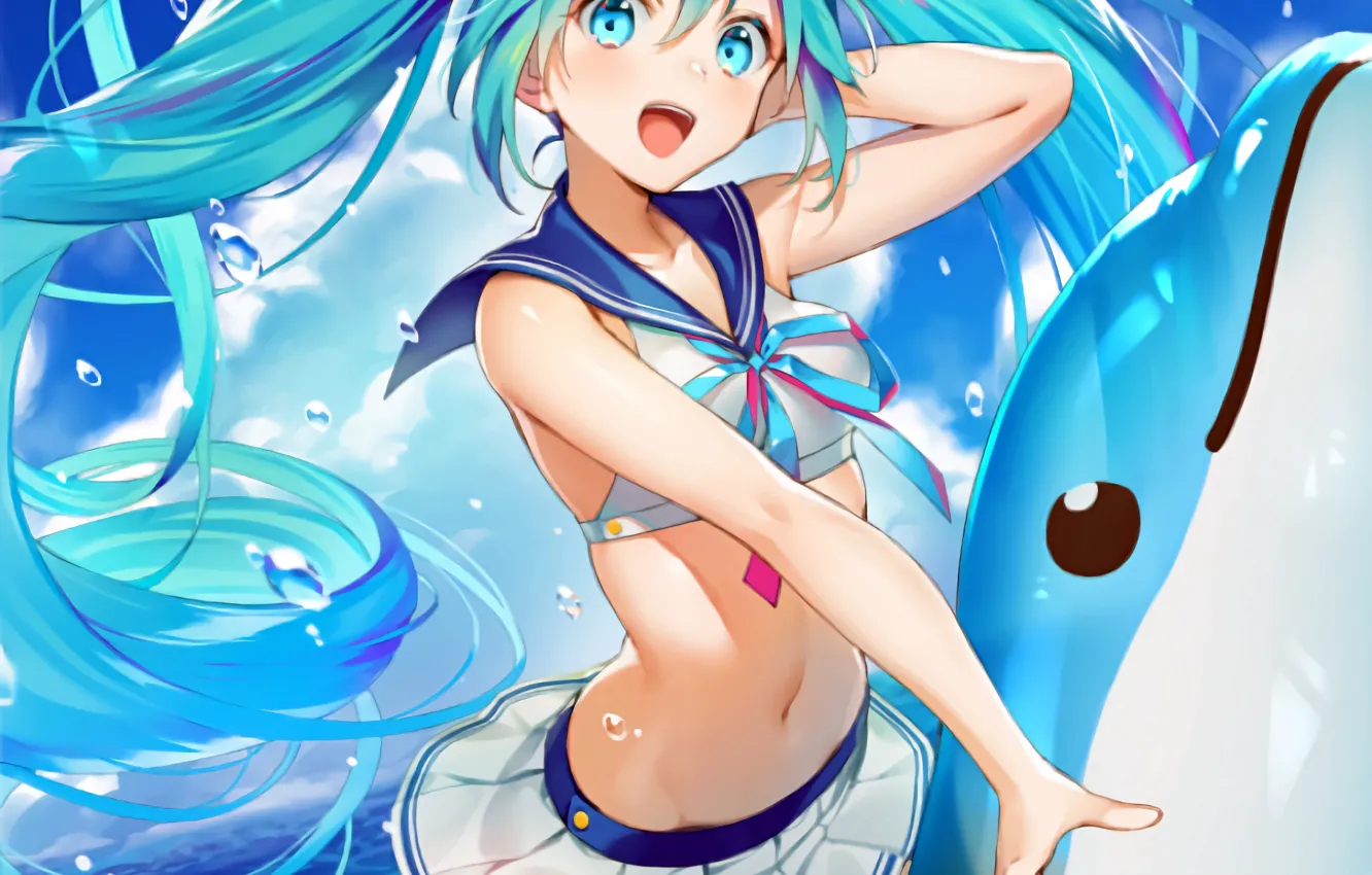 Photo wallpaper girl, sexy, vocaloid, hatsune miku, beach, blouse, long hair, anime