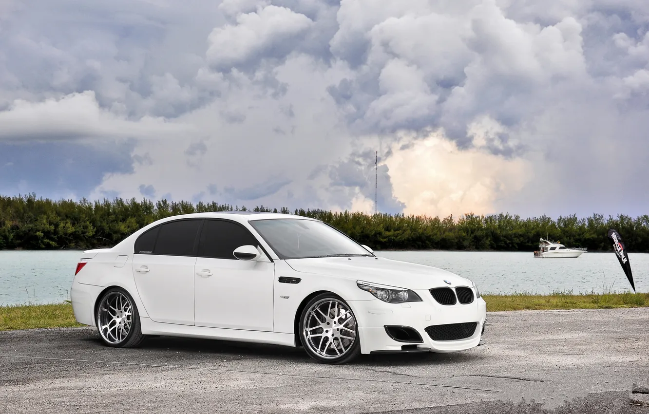 Photo wallpaper sea, white, the sky, trees, clouds, shore, BMW, BMW
