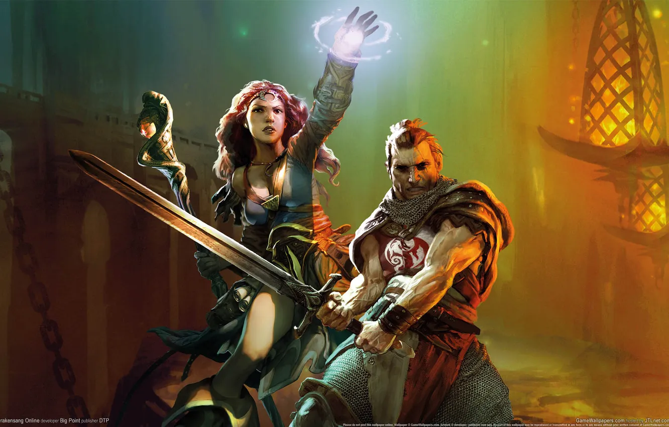 Photo wallpaper girl, magic, sword, warrior, chain, MAG, staff, Drakensang Online