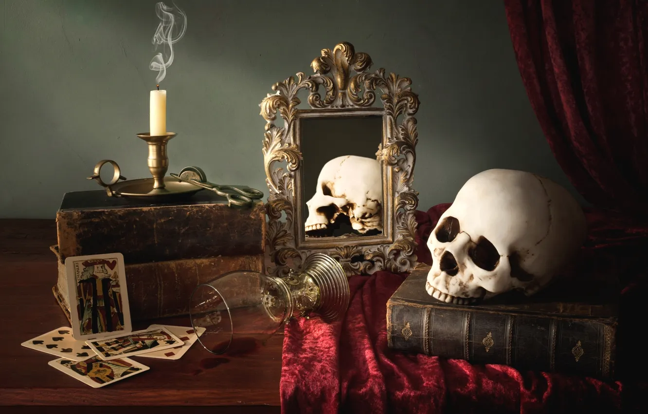 Photo wallpaper card, glass, books, skull, candle, mirror, still life