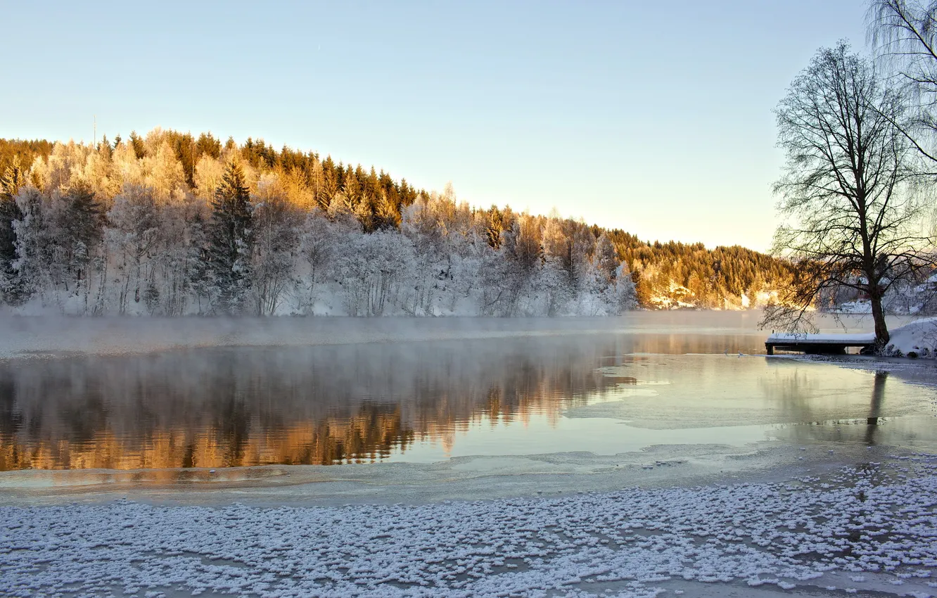 Photo wallpaper landscape, lake, morning