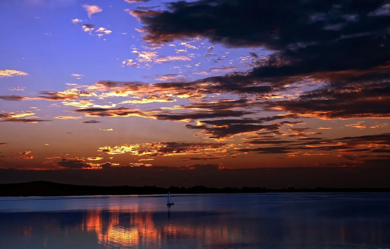 Photo wallpaper the sun, landscape, sunset, nature, river, ship