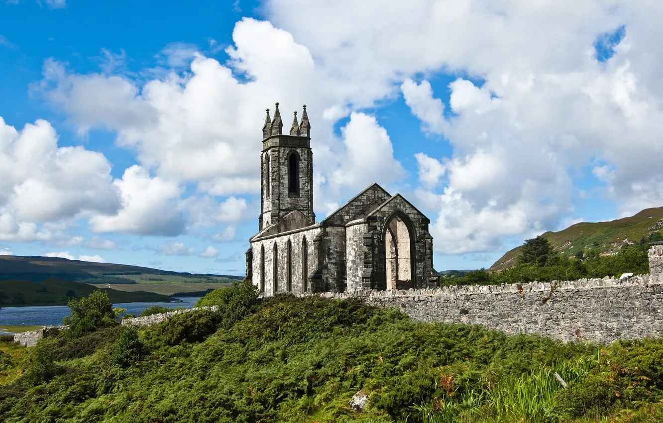 Photo wallpaper forest, the sky, clouds, mountains, river, stones, tower, dal