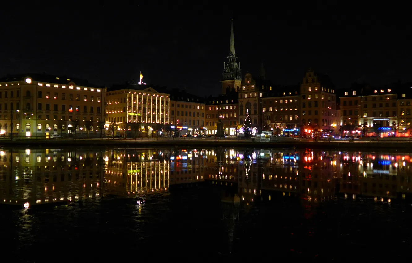 Photo wallpaper night, lights, holiday, tree, home, promenade, Scandinavia