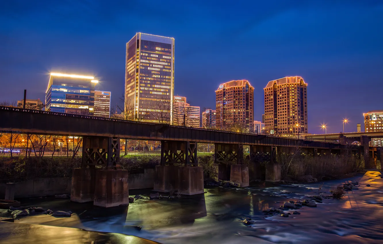 Photo wallpaper night, bridge, lights, river, home, skyscrapers, USA, Richmond