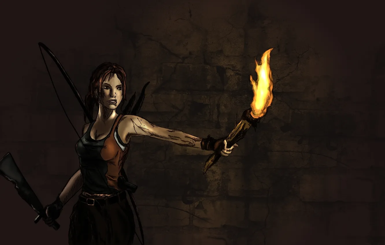 Photo wallpaper girl, torch, Tomb Raider, cave, Lara Croft