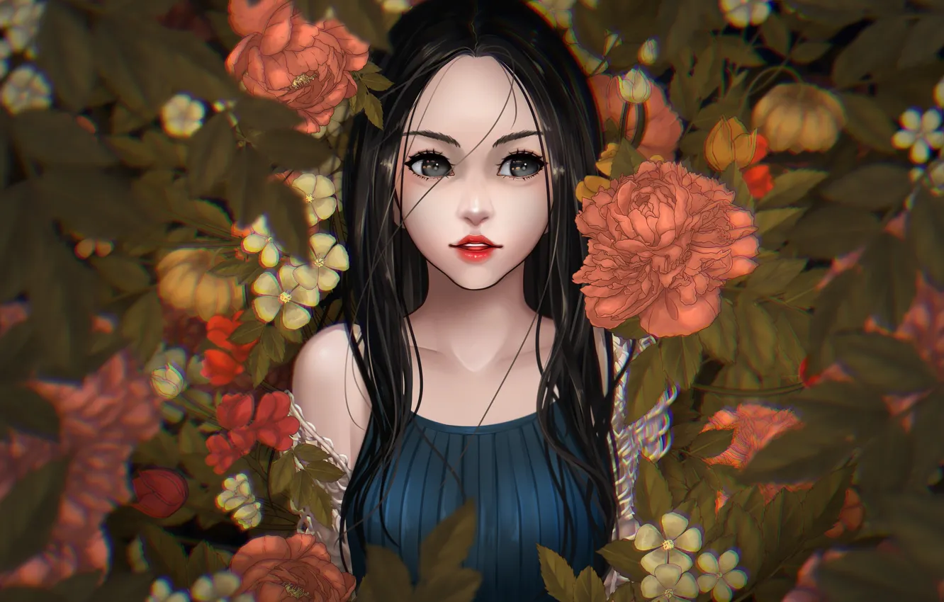 Photo wallpaper girl, flowers, makeup