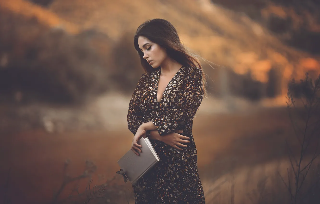 Photo wallpaper autumn, girl, nature, pose, background, butterfly, hands, book