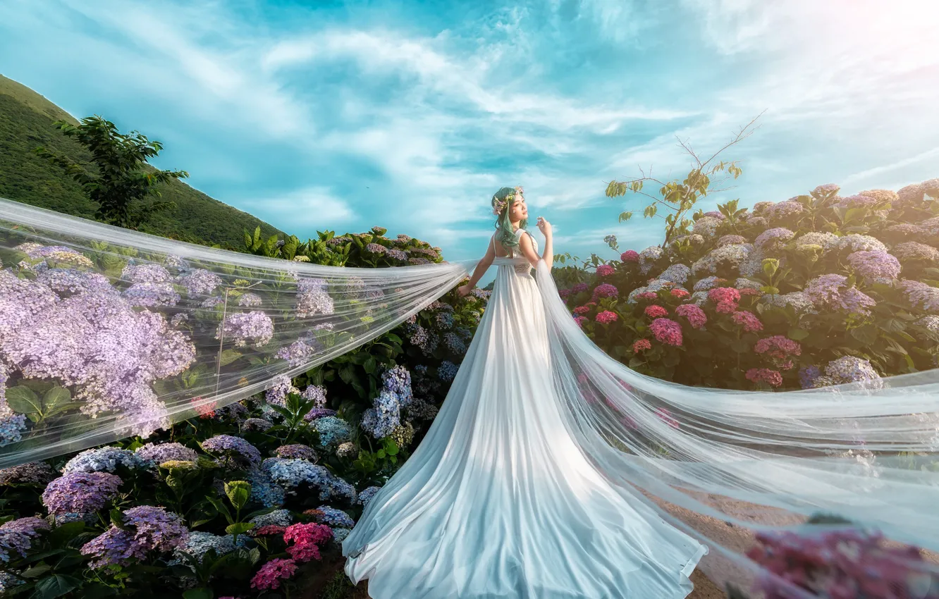 Photo wallpaper white, summer, the sky, girl, clouds, light, flowers, nature